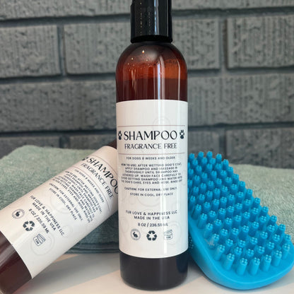 Fragrance free dog shampoo bottle for dogs with dog brush and towel