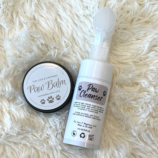 Natural paw balm with a paw cleanser bottle which has a silicone brush for cleaning paws