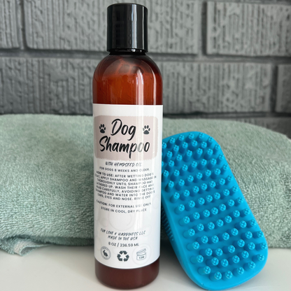 Dog shampoo bottle with hempseed oil with brush and dog towel