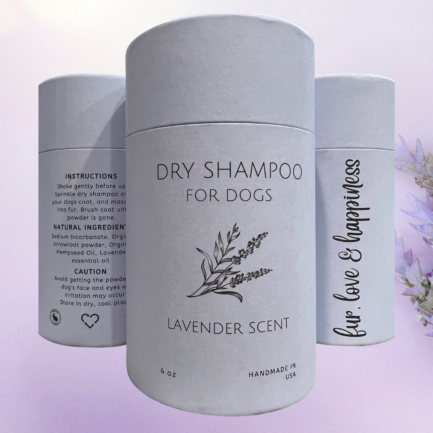 Purple dry shampoo powder container, lavender scent with lavender plant