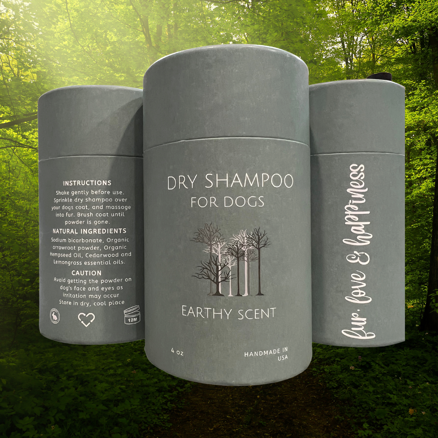 Green dry shampoo powder container, earthy scent cedar wood